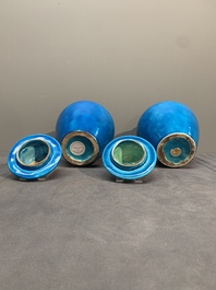 Three Chinese turquoise-glazed covered vases and a lavender-blue-glazed vase, Kangxi mark, 19/20th C.