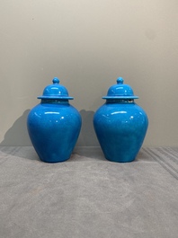Three Chinese turquoise-glazed covered vases and a lavender-blue-glazed vase, Kangxi mark, 19/20th C.