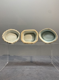A rare Chinese crown-monogrammed salt and two fine famille rose salts, Qianlong