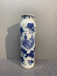 A fine Chinese blue and white sleeve vase with narrative design, Transitional period
