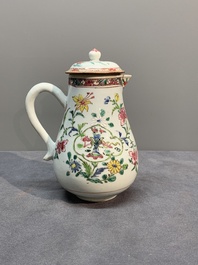 A Chinese famille rose tea caddy, two covered milk jugs and three vases, Yongzheng/Qianlong