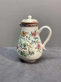 A Chinese famille rose tea caddy, two covered milk jugs and three vases, Yongzheng/Qianlong
