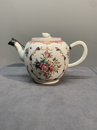 A Chinese famille rose 'Lowestoft' teapot, a plate, three cups and nine saucers, Qianlong