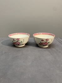 A Chinese famille rose 'Lowestoft' teapot, a plate, three cups and nine saucers, Qianlong