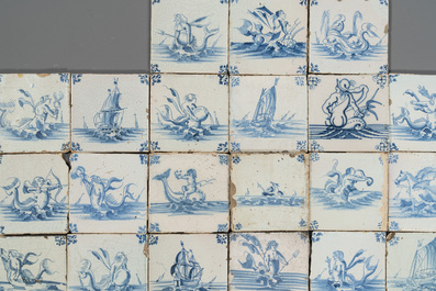 33 blue and white Dutch Delft tiles with sea creatures and ships, mostly Ghent, 17/18th C.
