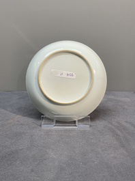 A Chinese famille rose 'Lowestoft' teapot, a plate, three cups and nine saucers, Qianlong
