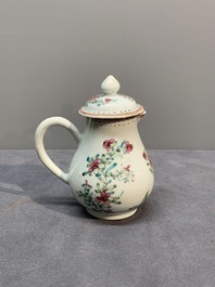 A Chinese famille rose tea caddy, two covered milk jugs and three vases, Yongzheng/Qianlong