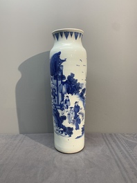 A fine Chinese blue and white sleeve vase with narrative design, Transitional period