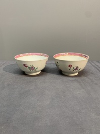 A Chinese famille rose 'Lowestoft' teapot, a plate, three cups and nine saucers, Qianlong