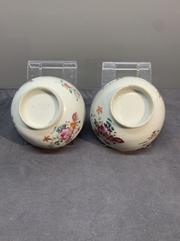 A Chinese famille rose 'Lowestoft' teapot, a plate, three cups and nine saucers, Qianlong