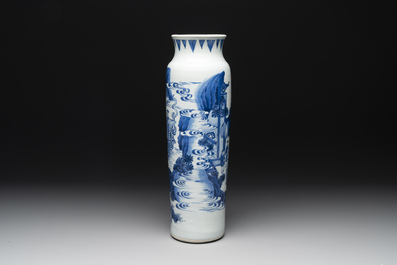 A fine Chinese blue and white sleeve vase with narrative design, Transitional period
