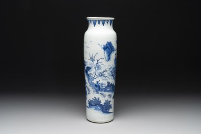 A fine Chinese blue and white sleeve vase with narrative design, Transitional period