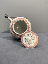A Chinese famille rose 'Lowestoft' teapot, a plate, three cups and nine saucers, Qianlong