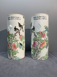 A pair of Chinese famille rose hat stands with birds among flowering branches, signed Zhu Shaoquan 朱少泉, dated 1892