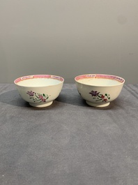 A Chinese famille rose 'Lowestoft' teapot, a plate, three cups and nine saucers, Qianlong