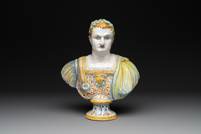 A polychrome Italian maiolica bust of Caesar, Deruta, 17th C.
