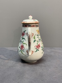 A Chinese famille rose tea caddy, two covered milk jugs and three vases, Yongzheng/Qianlong