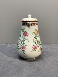 A Chinese famille rose tea caddy, two covered milk jugs and three vases, Yongzheng/Qianlong
