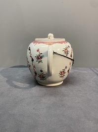 A Chinese famille rose 'Lowestoft' teapot, a plate, three cups and nine saucers, Qianlong