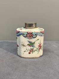 A Chinese famille rose tea caddy, two covered milk jugs and three vases, Yongzheng/Qianlong