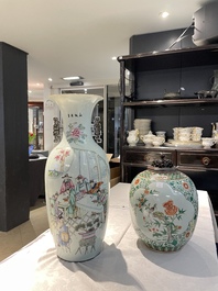 A Chinese famille rose vase and a famille verte jar with wooden cover, signed Mao Zirong 毛子榮, 19th C.