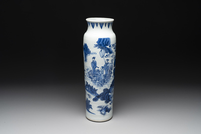 A fine Chinese blue and white sleeve vase with narrative design, Transitional period