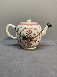 A Chinese famille rose 'Lowestoft' teapot, a plate, three cups and nine saucers, Qianlong