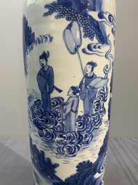 A fine Chinese blue and white sleeve vase with narrative design, Transitional period