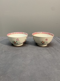 A Chinese famille rose 'Lowestoft' teapot, a plate, three cups and nine saucers, Qianlong