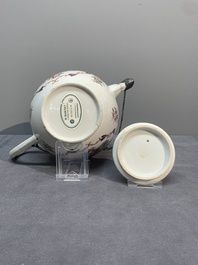 A Chinese famille rose 'Lowestoft' teapot, a plate, three cups and nine saucers, Qianlong