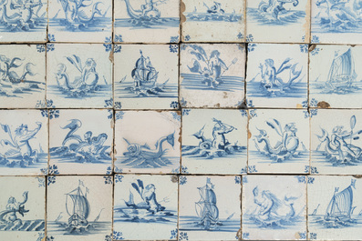 33 blue and white Dutch Delft tiles with sea creatures and ships, mostly Ghent, 17/18th C.