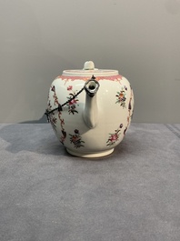 A Chinese famille rose 'Lowestoft' teapot, a plate, three cups and nine saucers, Qianlong