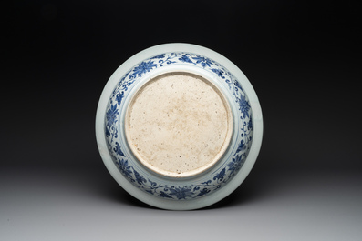 A large Chinese blue and white Yuan-style 'dragon' dish, probably 19th C.