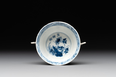 A rare Chinese blue and white 'qilin and phoenix' cup with handles, Kangxi