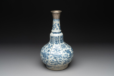 A Chinese blue and white pear-shaped vase with an Islamic market metal mount, Ming