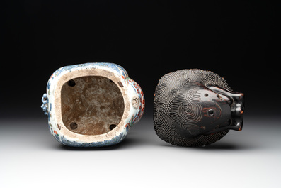 A rare Chinese wucai 'luduan' incense burner with wooden cover, Ming, 16/17th C.