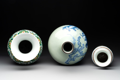 Two Chinese famille verte vases and a blue and white celadon-ground vase, 19th C.