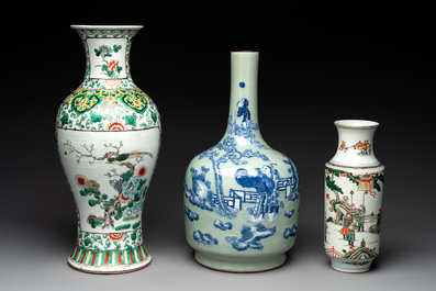 Two Chinese famille verte vases and a blue and white celadon-ground vase, 19th C.
