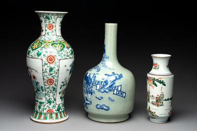 Two Chinese famille verte vases and a blue and white celadon-ground vase, 19th C.