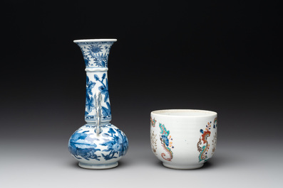 A Chinese blue and white vase after Venetian glass model, a famille verte plate and a famille rose bowl, Kangxi/Qianlong