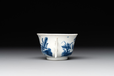 A rare Chinese blue and white 'qilin and phoenix' cup with handles, Kangxi