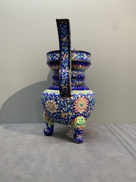 A Chinese blue-ground Canton enamel 'flower scroll' censer, Qianlong