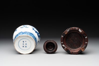 A Chinese blue and white 'dragon' vase with wooden cover and stand, Wanli mark, Republic