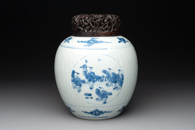 A Chinese blue and white 'playing boys' vase and wooden cover, Kangxi
