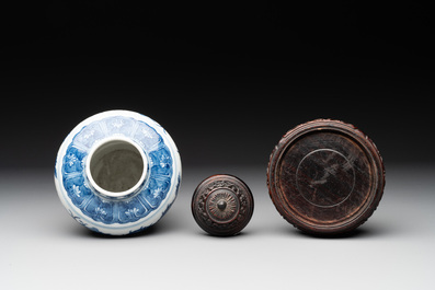 A Chinese blue and white 'dragon' vase with wooden cover and stand, Wanli mark, Republic