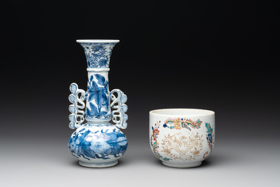 A Chinese blue and white vase after Venetian glass model, a famille verte plate and a famille rose bowl, Kangxi/Qianlong