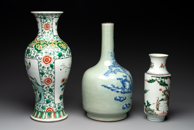 Two Chinese famille verte vases and a blue and white celadon-ground vase, 19th C.