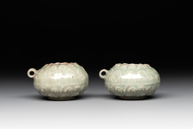 A pair of Chinese Longquan celadon bird feeders, Song