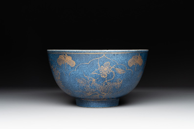 A Chinese gilt-decorated powder-blue bowl and a covered jarlet, Kangxi/Qianlong