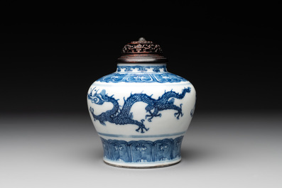 A Chinese blue and white 'dragon' vase with wooden cover and stand, Wanli mark, Republic